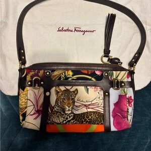 Salvatore Ferragamo Gancini Leopard Animal One Shoulder Bag- nylon canvas